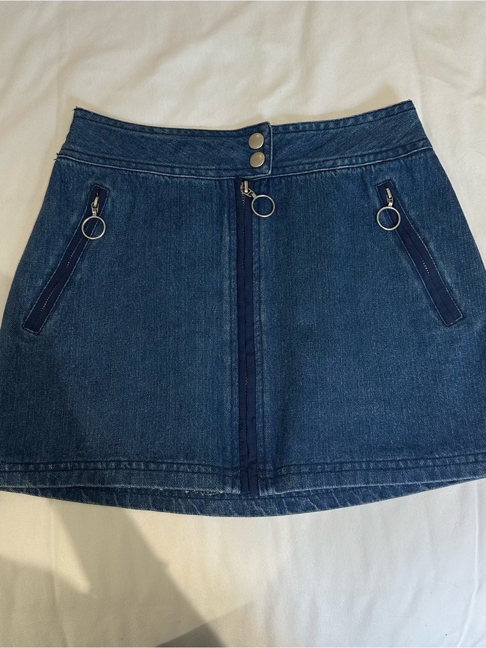 Dark Wash Denim Mini Skirt with Zipper Accents